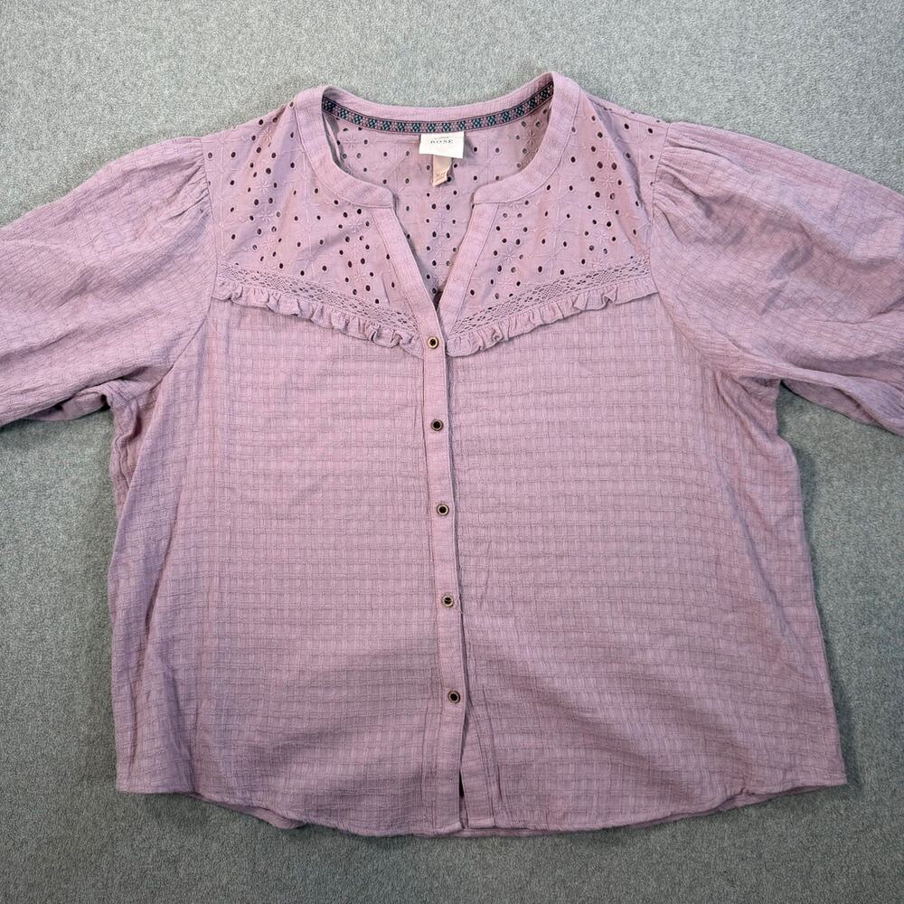 Knox Rose Women's XXL Lavender Eyelet Ruffle Button Front Blouse Top Puff Sleeve